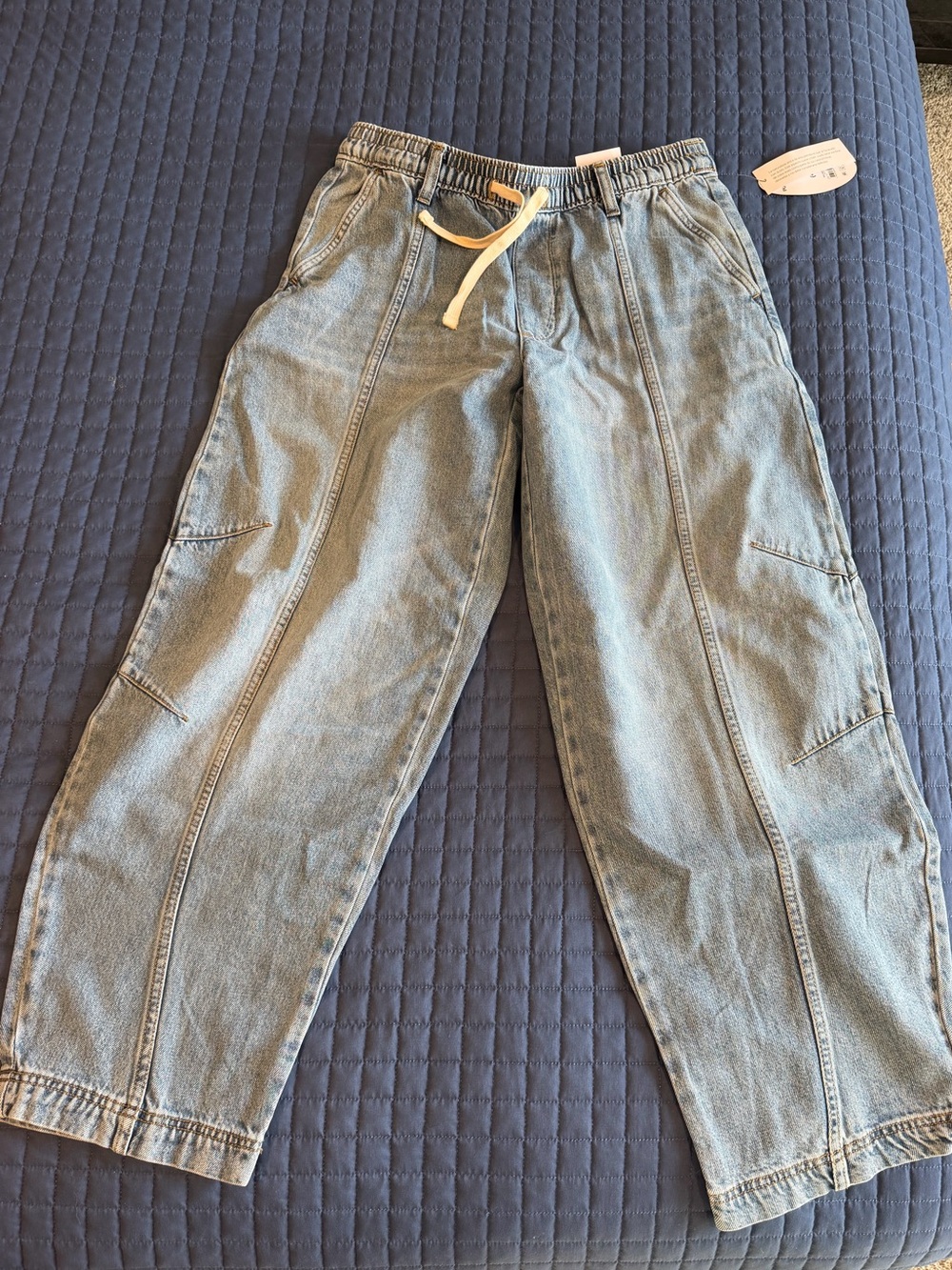 Casual Light Blue Cropped Drawstring Denim Jeans for Women